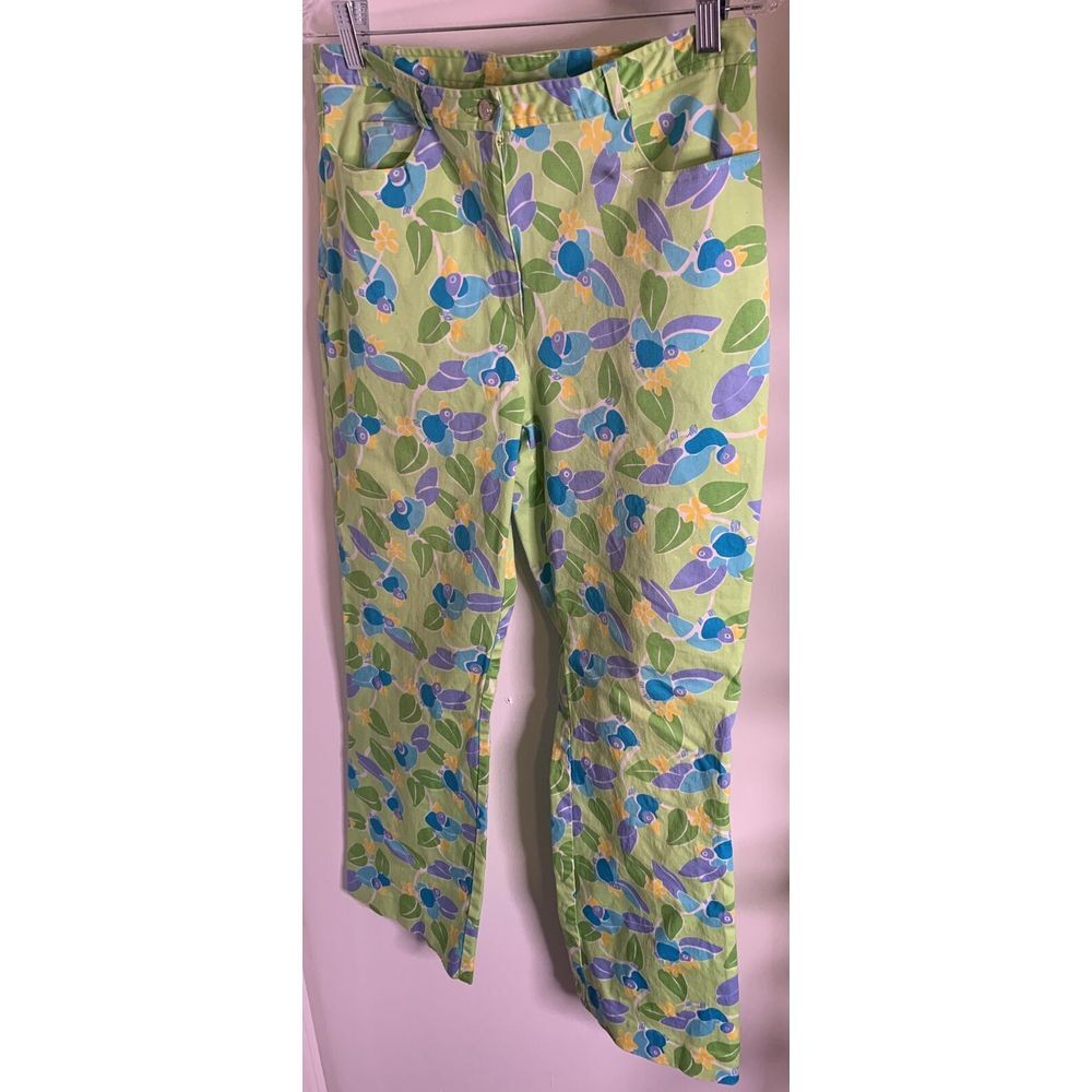Vintage Lilly Pulitzer Too Jays Green Tropical Toucan Straight Leg Pants Size 10
